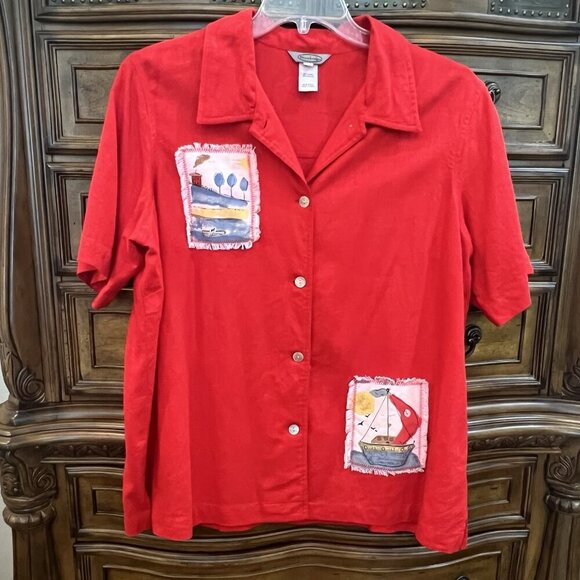 Stonebridge Vtg Linen Rayon Set Top Plus Size 1X Pants XL Red Nautical Travel - Picture 4 of 16